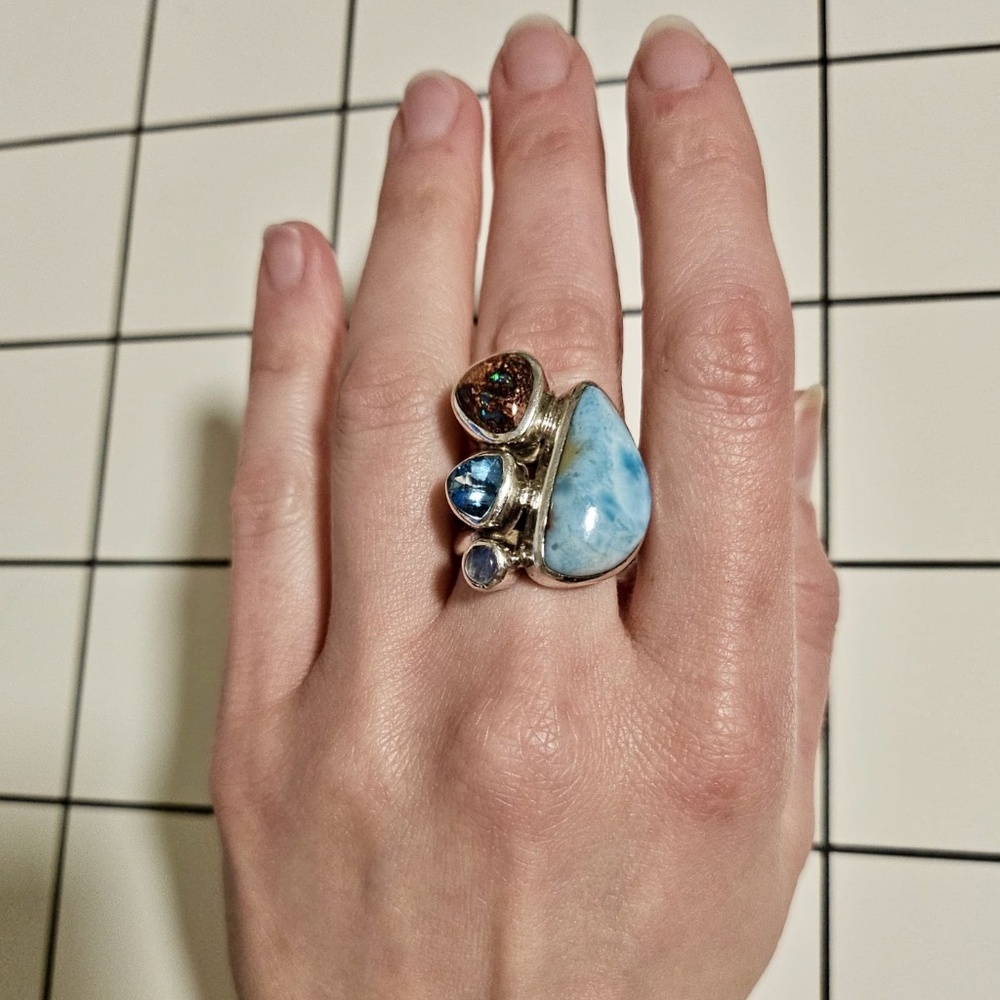 Sterling Silver Multi-Stone Blue Larimar Statement Ring